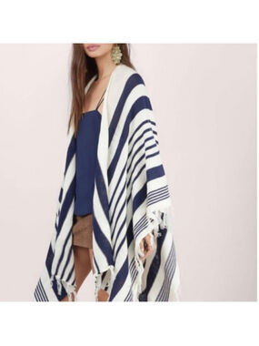 TOBI Cream and Navy Striped Pancho/Wrap with Fringe Trim Women's One Size